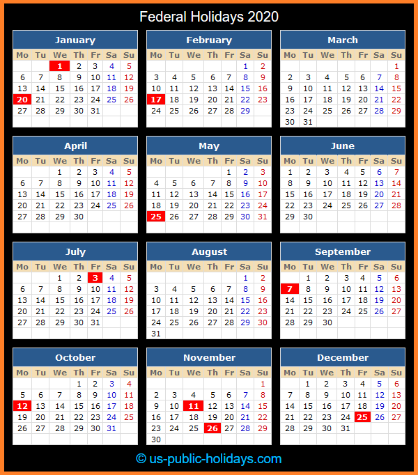 Federal Holiday Calendar 2020